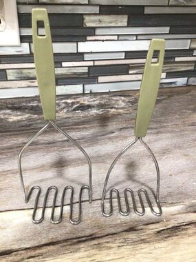 Vintage Green Handle Potato Mashers Set of 2 Stainless Steel Kitchen Utensils.